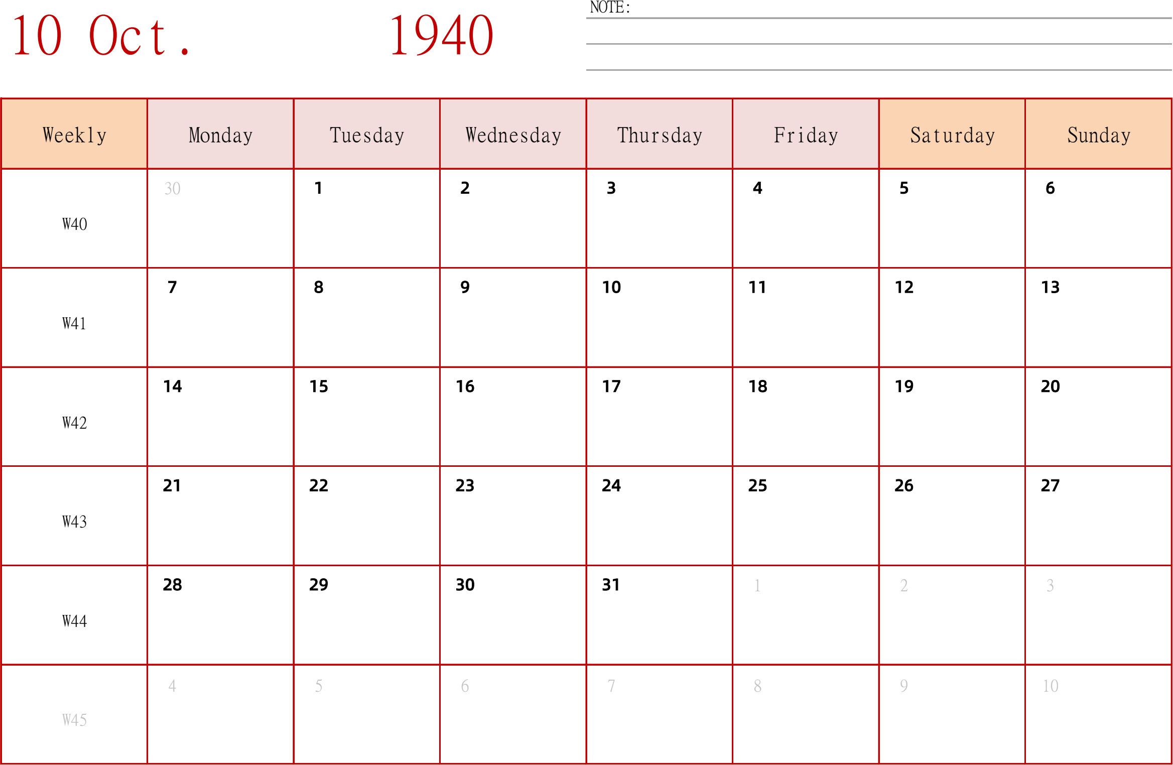 日历表1940年日历 英文版 横向排版 周一开始 带周数